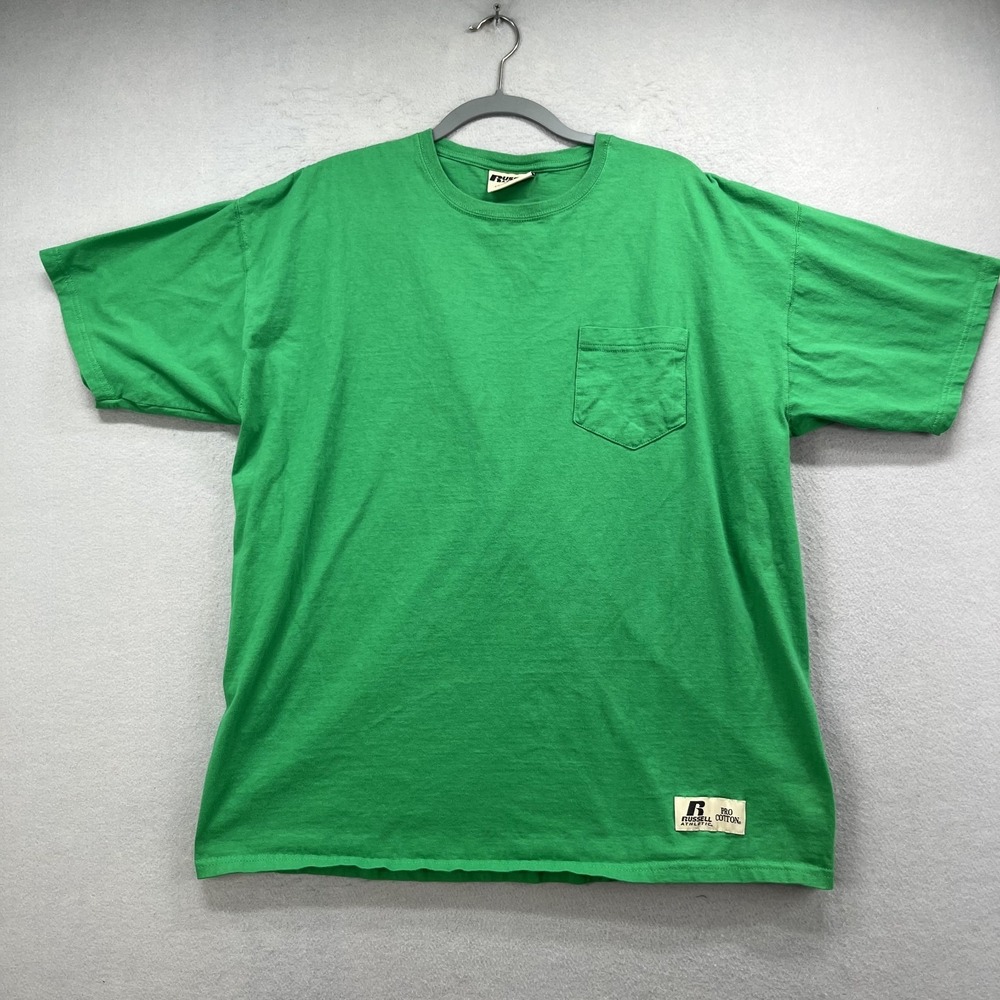 Vintage Russell Athletic T Shirt Mens XL Green Blank Pocket Tee Pro Cotton Basic